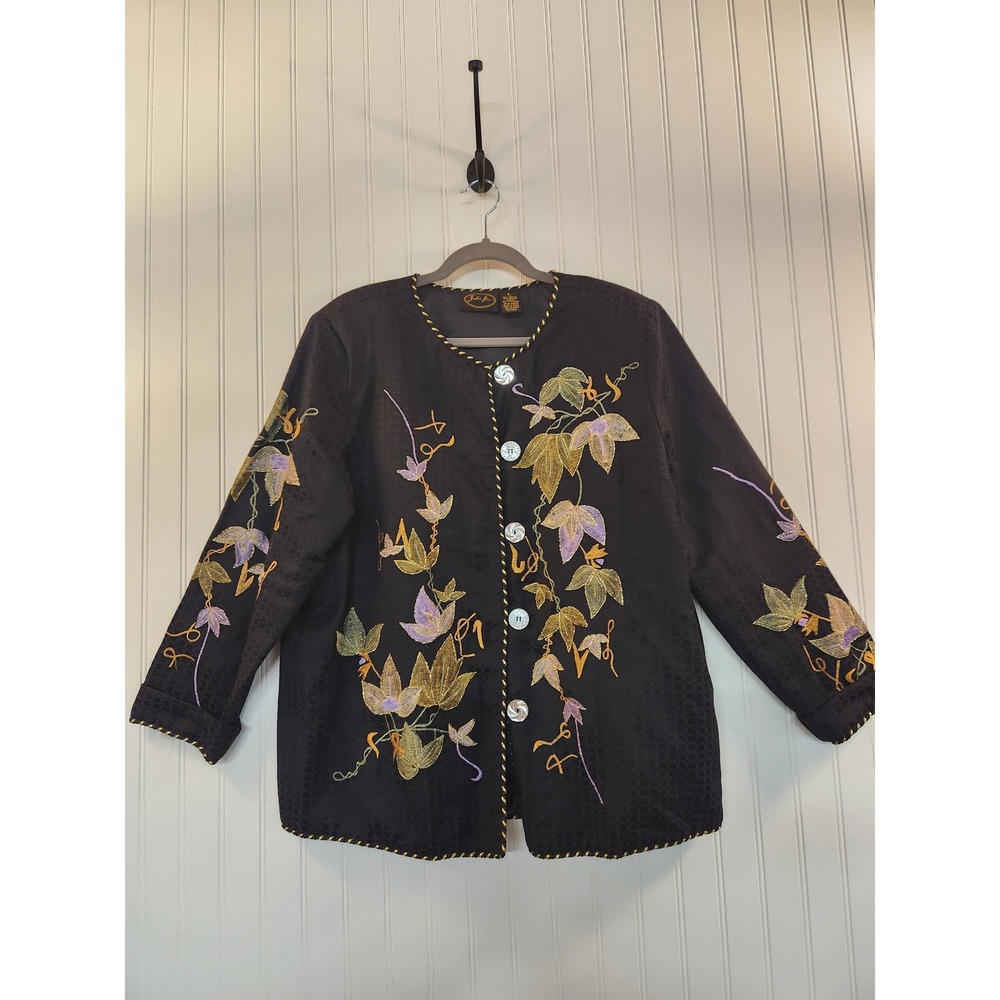 Julia Kim Women Embroidered Floral Jacket Black Gold Trim Oversize Button Large